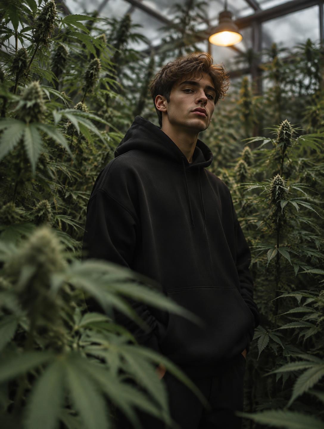 Model in a black hoodie in a greenhouse
